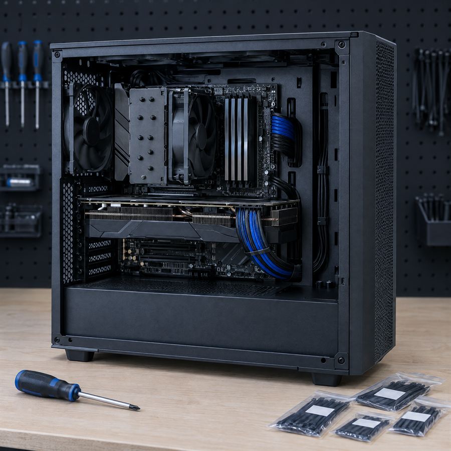A custom desktop PC on a workbench with the side panel off and the cables tied down.