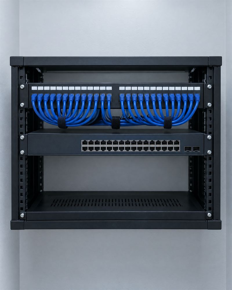 Cables de parcheo Cat6 azules acomodados en lazos ordenados sobre un patch panel, en un rack pequeño montado en la pared.