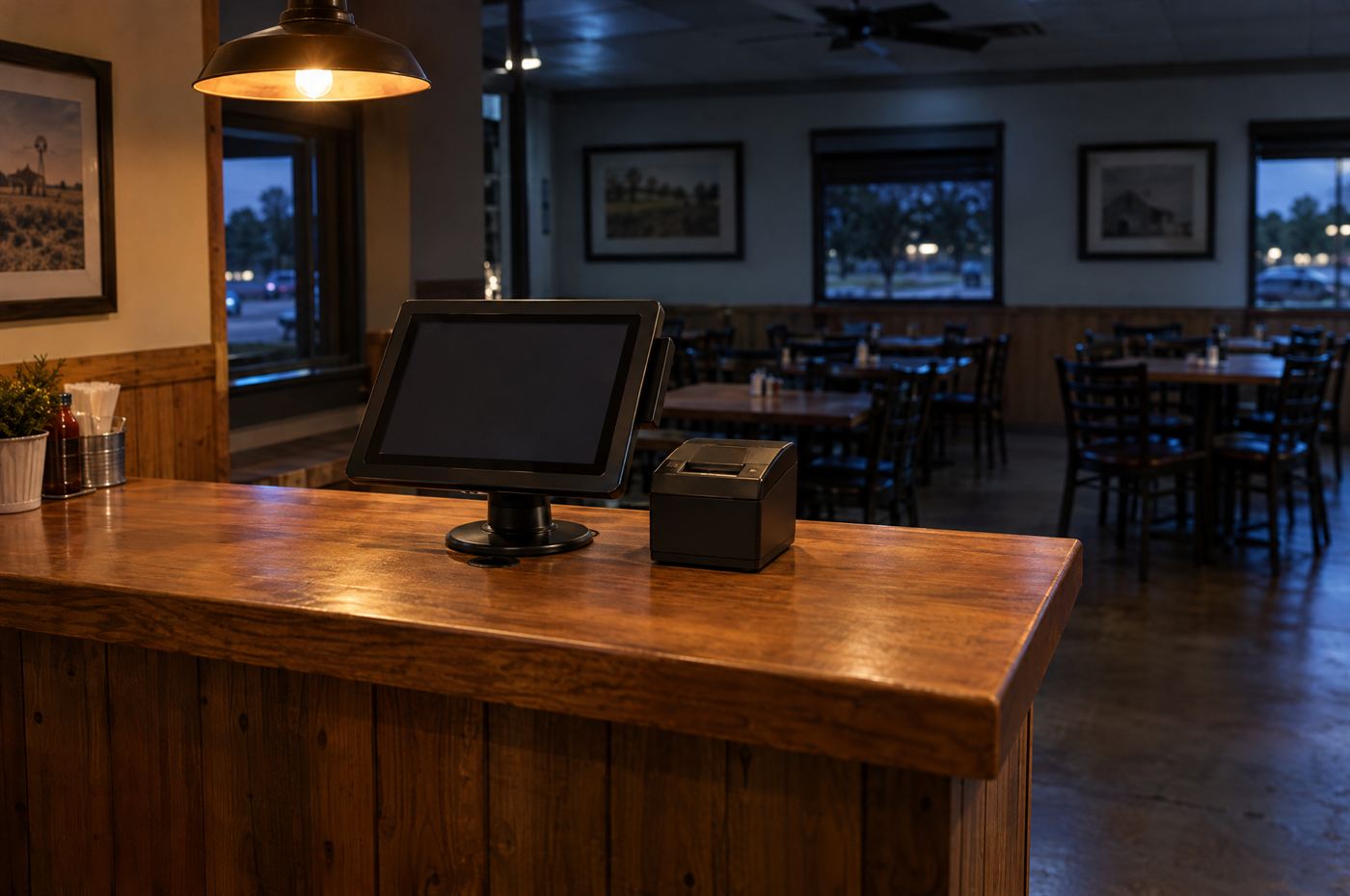 El mostrador de un restaurante de noche, con una terminal de tarjetas y una impresora de recibos; los cables bajan por dentro del mostrador.