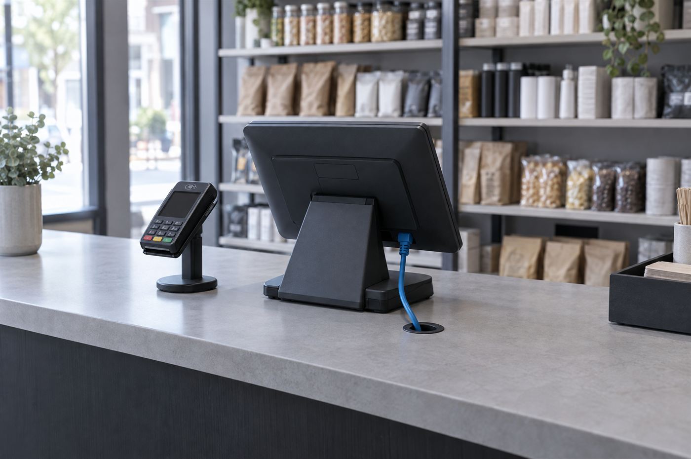 A small shop checkout with a card terminal, its blue network cable running down through the counter top.